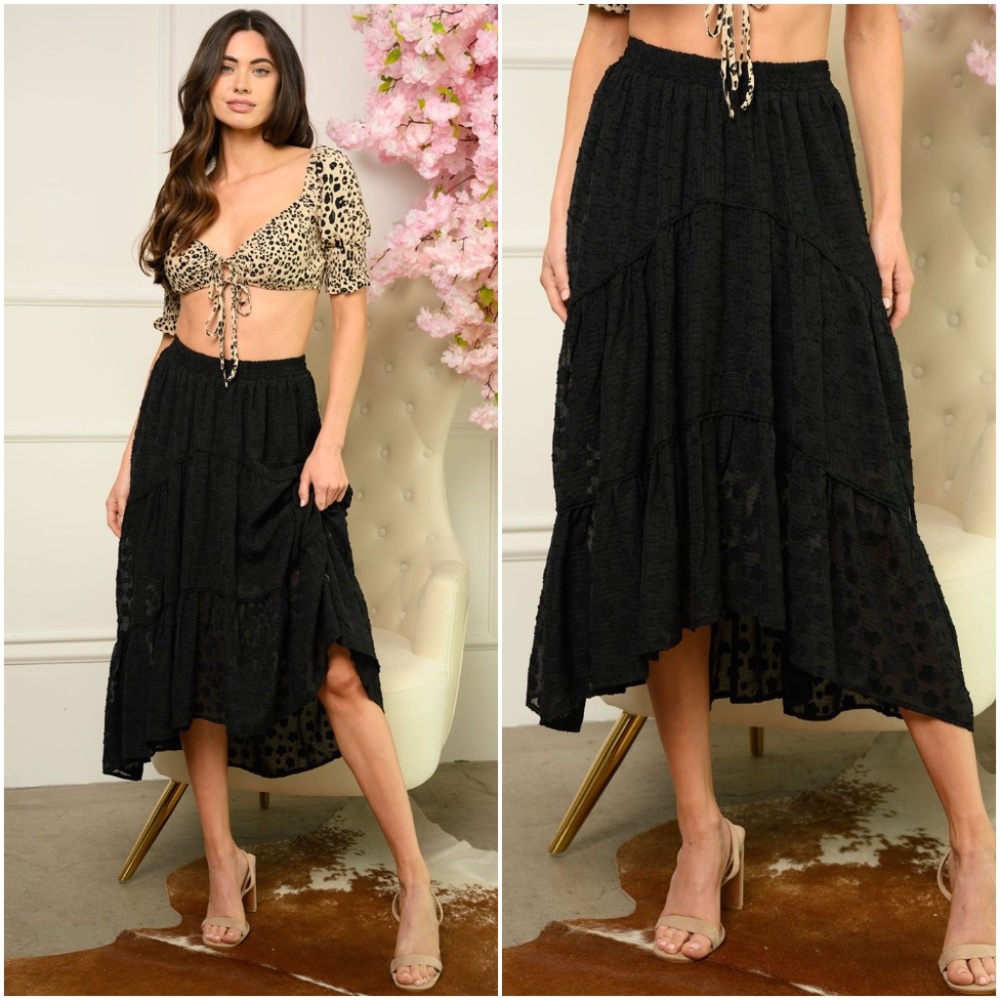 WOMEN'S RUFFLE HI-LOW MIDI SKIRT